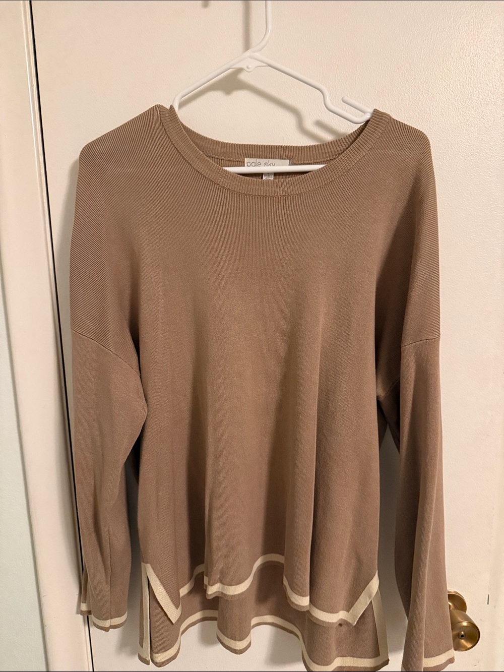 Pale Sky Taupe Crewneck Sweater Top with Contrast Trim